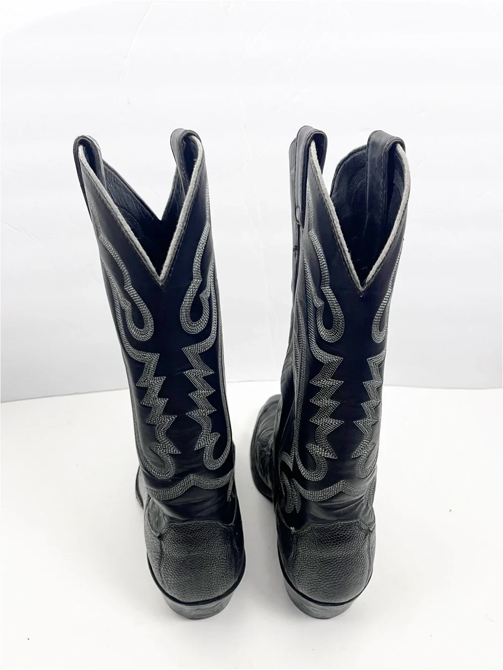 JUSTIN USA Black Smooth Ostrich Leather Roper Style Round Toe Pull On Boots 7